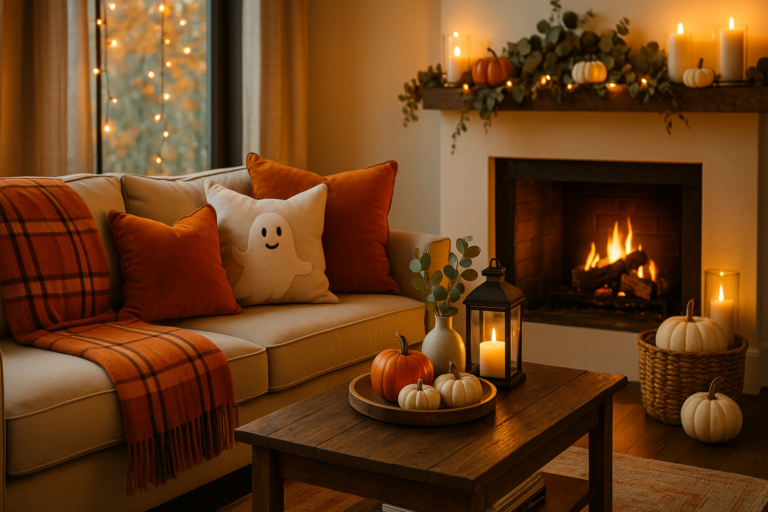 A styled cozy living room with pumpkins, throws, and lantern glow — the perfect balance of Halloween charm and Thanksgiving warmth.