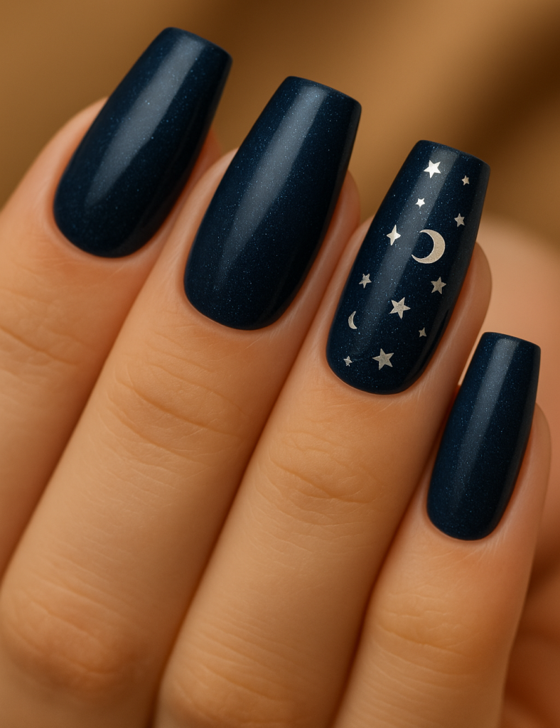 Starry Night Sky – midnight navy nails with starry shimmer.