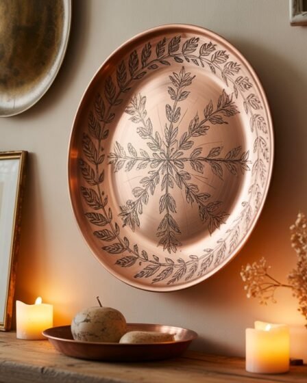 High-end fall living room wall décor with copper wall plates, vintage botanicals, woven textiles, and bronze mirror in warm Pottery Barn–inspired style.