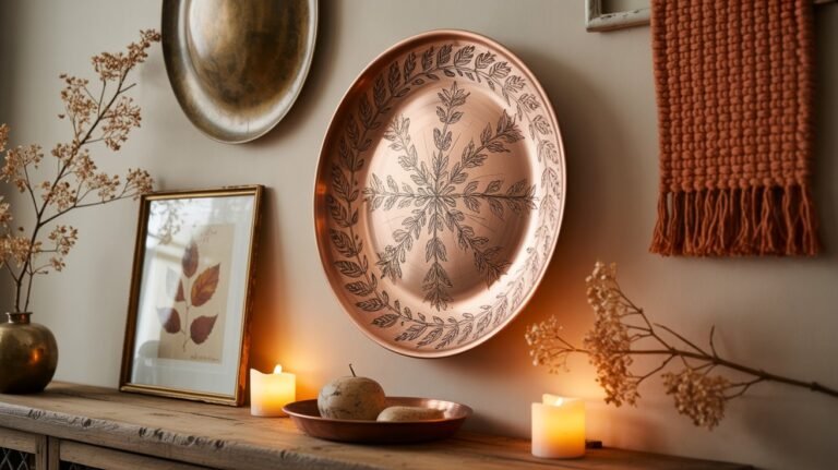 High-end fall living room wall décor with copper wall plates, vintage botanicals, woven textiles, and bronze mirror in warm Pottery Barn–inspired style.