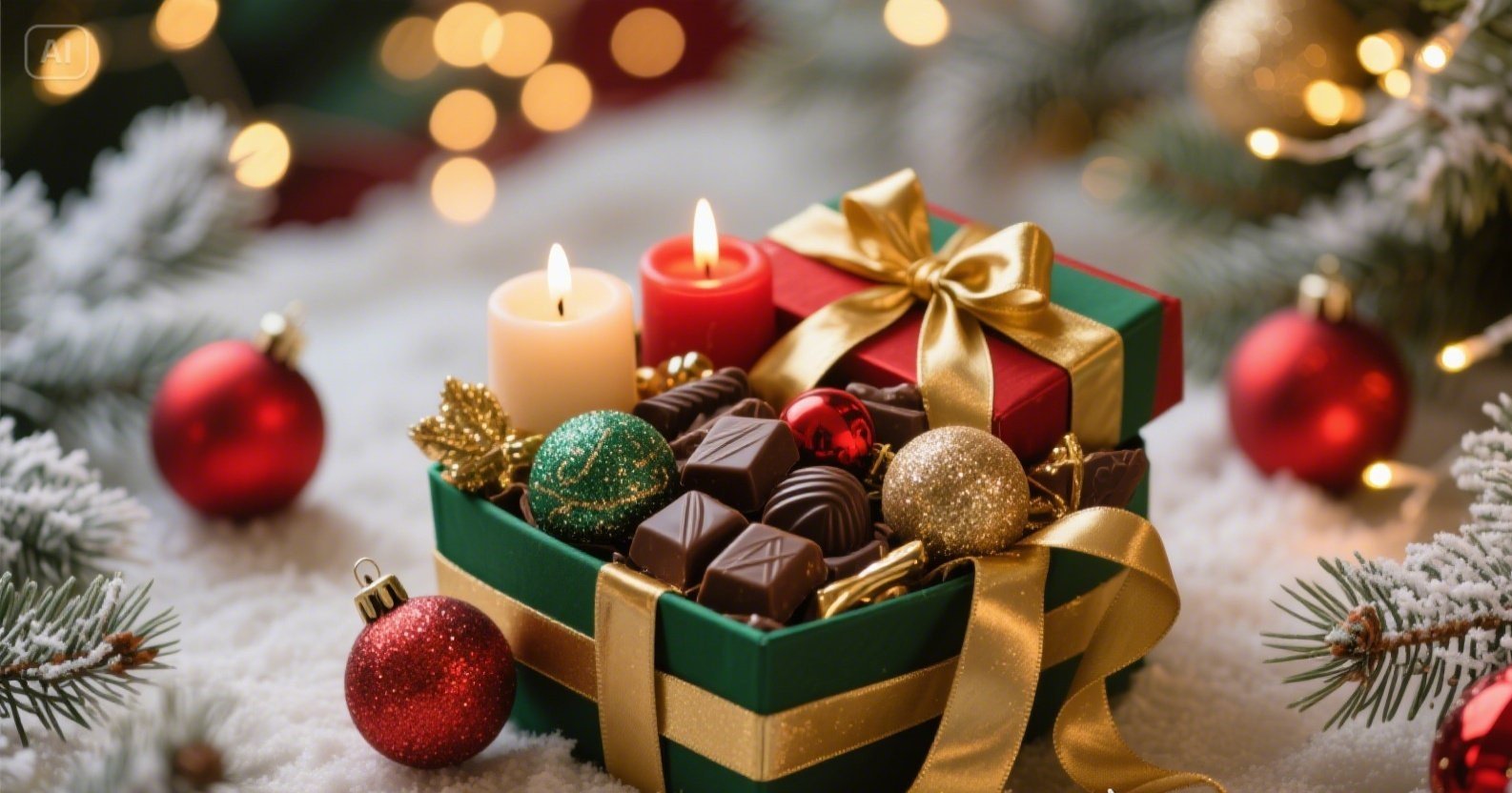 Beautifully wrapped holiday gift basket filled with chocolates, candles, and ornaments surrounded by pine branches and golden fairy lights.