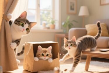 Funny cats climbing curtains, squeezing into boxes, and playing with everyday household items in a cozy home.
