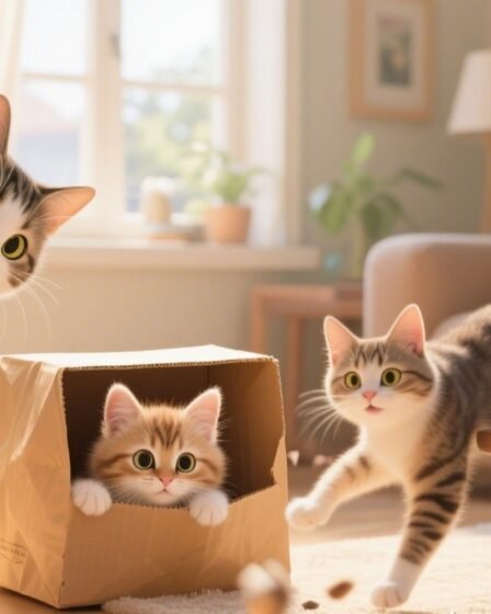 Funny cats climbing curtains, squeezing into boxes, and playing with everyday household items in a cozy home.