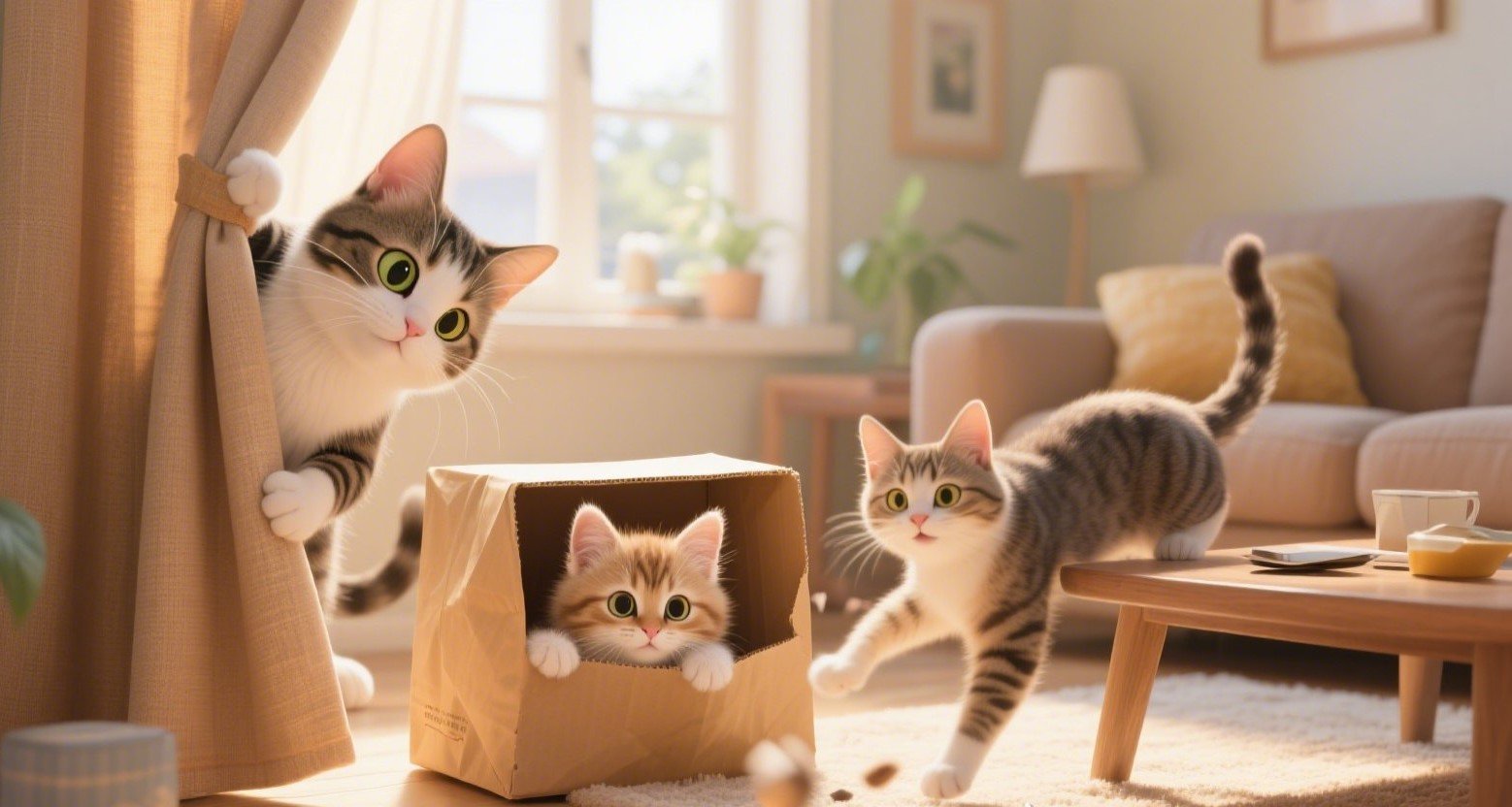 Funny cats climbing curtains, squeezing into boxes, and playing with everyday household items in a cozy home.