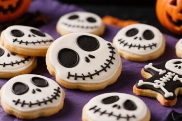 Tray of Jack Skellington–inspired Halloween cookies shaped like pumpkins, ghosts, and skeleton faces, decorated with festive icing