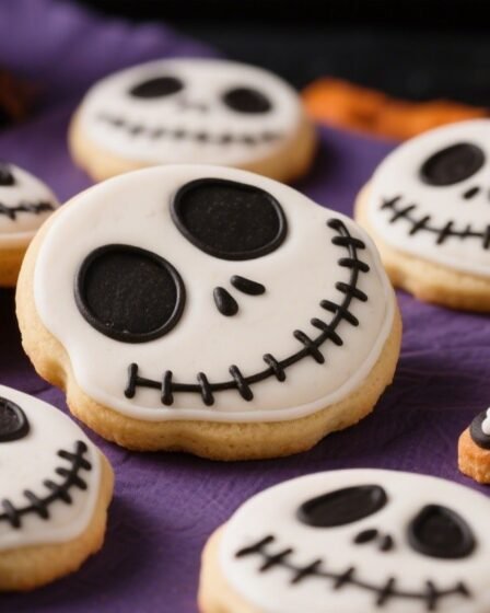 Tray of Jack Skellington–inspired Halloween cookies shaped like pumpkins, ghosts, and skeleton faces, decorated with festive icing