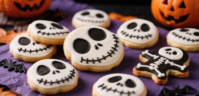 Tray of Jack Skellington–inspired Halloween cookies shaped like pumpkins, ghosts, and skeleton faces, decorated with festive icing