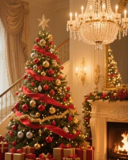 Luxurious artificial Christmas tree decorated in red and gold ornaments beside a fireplace, chandelier above, glowing lights, and wrapped presents below.
