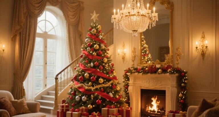 Luxurious artificial Christmas tree decorated in red and gold ornaments beside a fireplace, chandelier above, glowing lights, and wrapped presents below.