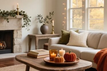 Cozy fall living room in rust, olive, and cream with brass candlelight, knit throw, and styled coffee-table tray