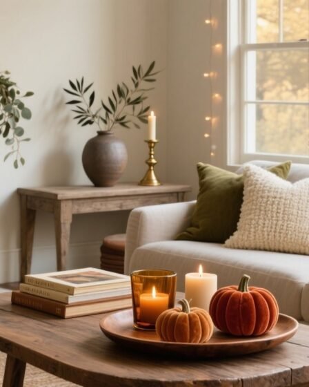 Cozy fall living room in rust, olive, and cream with brass candlelight, knit throw, and styled coffee-table tray