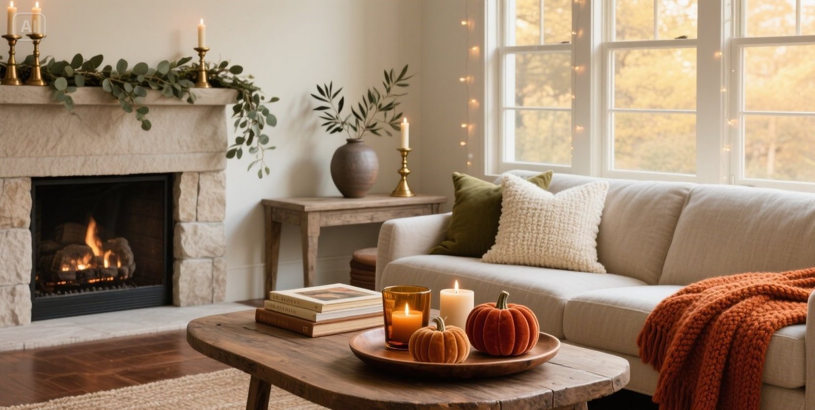 Cozy fall living room in rust, olive, and cream with brass candlelight, knit throw, and styled coffee-table tray