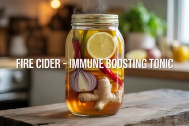 Clear glass jar of homemade Fire Cider tonic with lemon slices, garlic, ginger, red chili peppers, and onion, displayed on a rustic wooden table in a cozy kitchen.