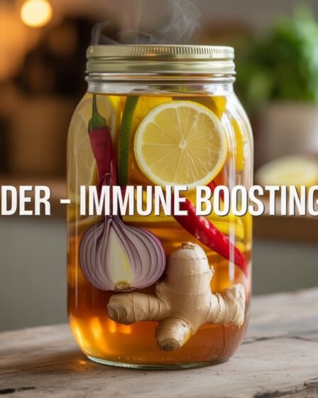 Clear glass jar of homemade Fire Cider tonic with lemon slices, garlic, ginger, red chili peppers, and onion, displayed on a rustic wooden table in a cozy kitchen.