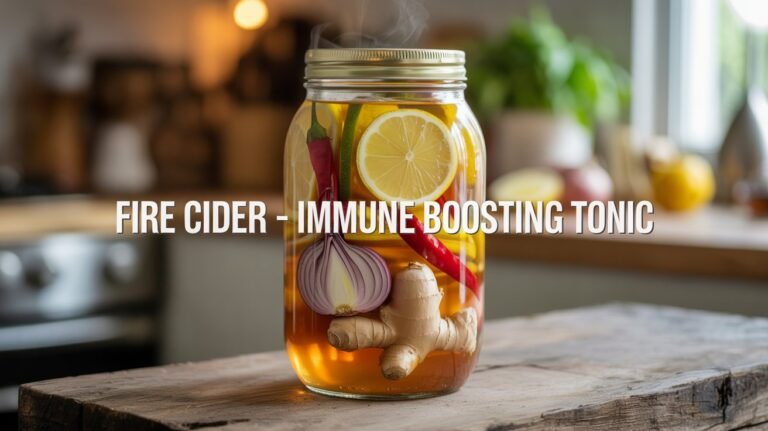 Clear glass jar of homemade Fire Cider tonic with lemon slices, garlic, ginger, red chili peppers, and onion, displayed on a rustic wooden table in a cozy kitchen.
