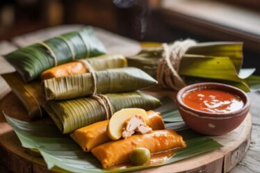 Make moist, aromatic Salvadoran tamales wrapped in banana leaves. Includes the classic potato, olive, capers, and chickpea garnishes, a mild recaudo, step photos, and steaming tips