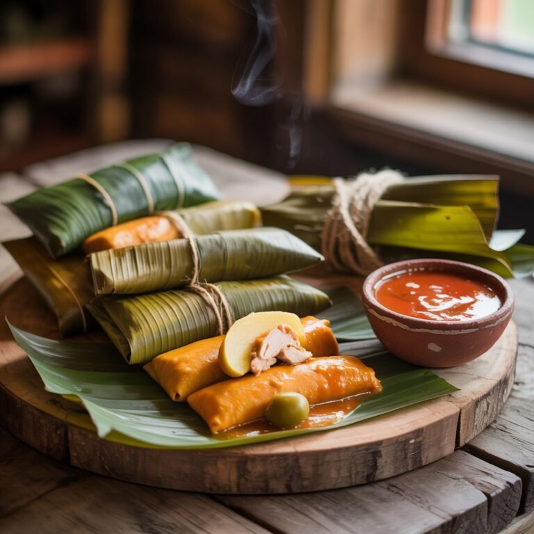 Make moist, aromatic Salvadoran tamales wrapped in banana leaves. Includes the classic potato, olive, capers, and chickpea garnishes, a mild recaudo, step photos, and steaming tips