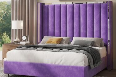 Modern purple velvet queen platform bed with 58-inch tufted wingback headboard and silver trim