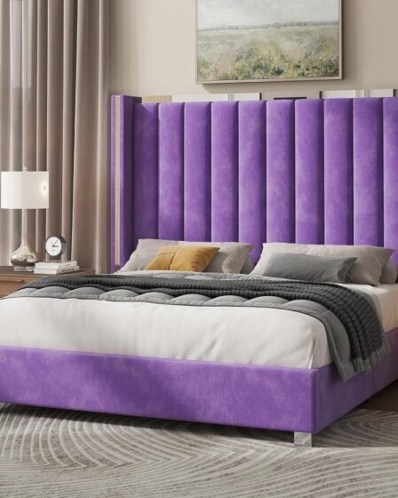 Modern purple velvet queen platform bed with 58-inch tufted wingback headboard and silver trim