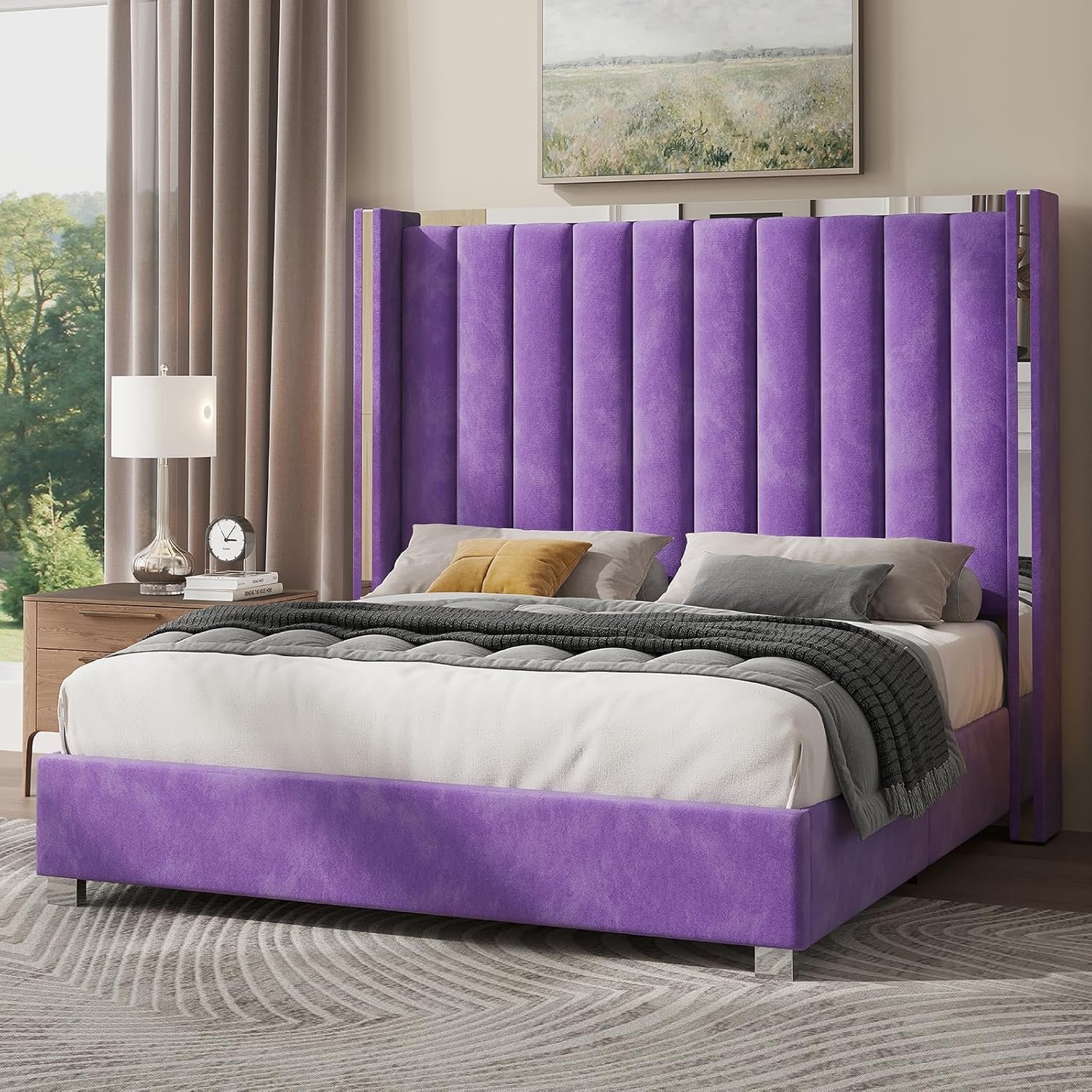 Modern purple velvet queen platform bed with 58-inch tufted wingback headboard and silver trim