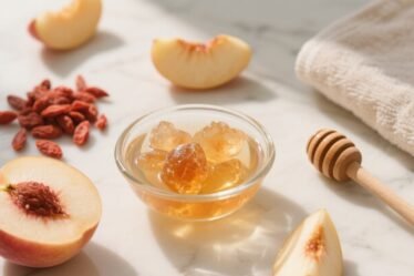 Natural peach gum resin — golden translucent remedy for glowing skin and hydration.