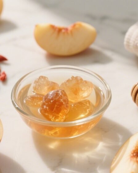 Natural peach gum resin — golden translucent remedy for glowing skin and hydration.