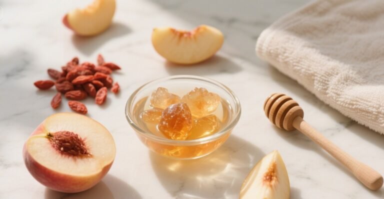 Natural peach gum resin — golden translucent remedy for glowing skin and hydration.