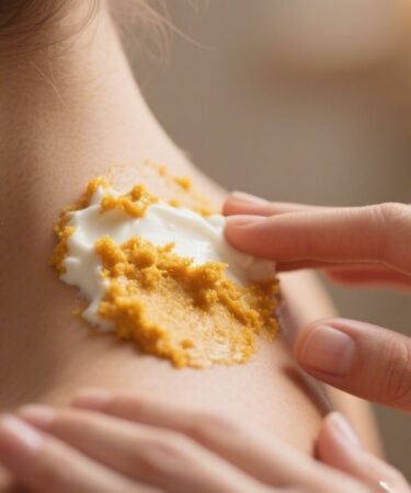 Homemade brightening scrub being applied to neck using natural ingredients like rice flour, yogurt, and turmeric for smooth glowing skin.