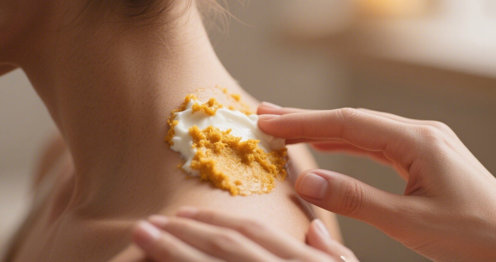 Homemade brightening scrub being applied to neck using natural ingredients like rice flour, yogurt, and turmeric for smooth glowing skin.