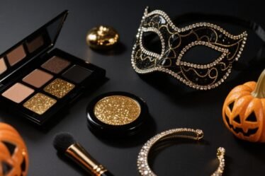 Flatlay of glam Halloween beauty and decor ideas with makeup, rhinestone accessories, and pumpkins.