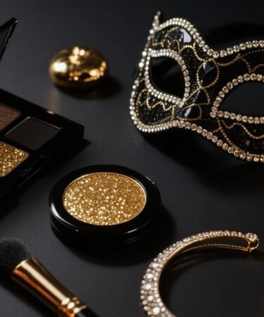 Flatlay of glam Halloween beauty and decor ideas with makeup, rhinestone accessories, and pumpkins.