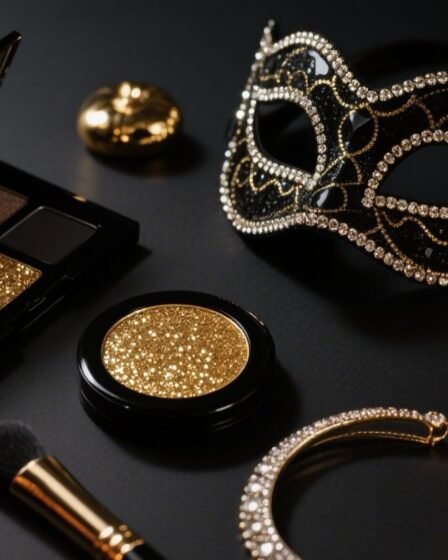 Flatlay of glam Halloween beauty and decor ideas with makeup, rhinestone accessories, and pumpkins.