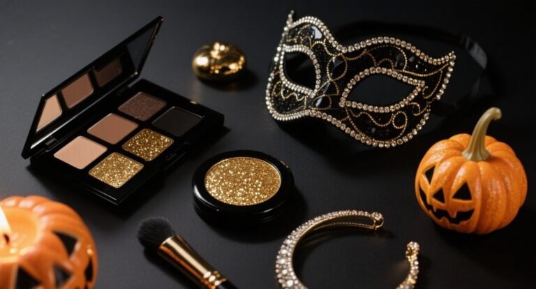 Flatlay of glam Halloween beauty and decor ideas with makeup, rhinestone accessories, and pumpkins.
