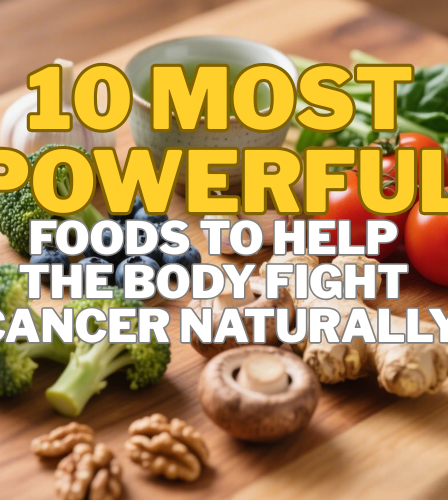 Flat-lay of vibrant anti-cancer superfoods arranged on a wooden butcher block, including turmeric, blueberries, broccoli, garlic, spinach, mushrooms, tomatoes, ginger, walnuts, and green tea.