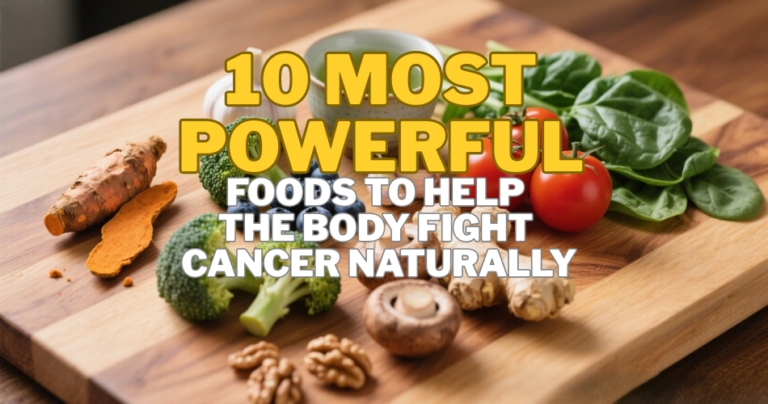 Flat-lay of vibrant anti-cancer superfoods arranged on a wooden butcher block, including turmeric, blueberries, broccoli, garlic, spinach, mushrooms, tomatoes, ginger, walnuts, and green tea.