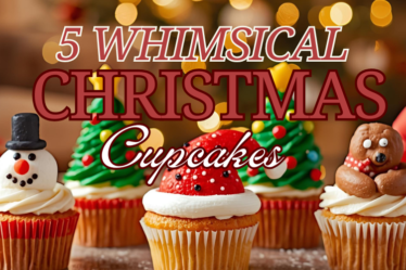 Whimsical Christmas cupcakes arranged on a festive holiday table, including a snowman cupcake, reindeer cupcake, Santa hat cupcake, Christmas tree cupcake, and gingerbread hug cupcake.