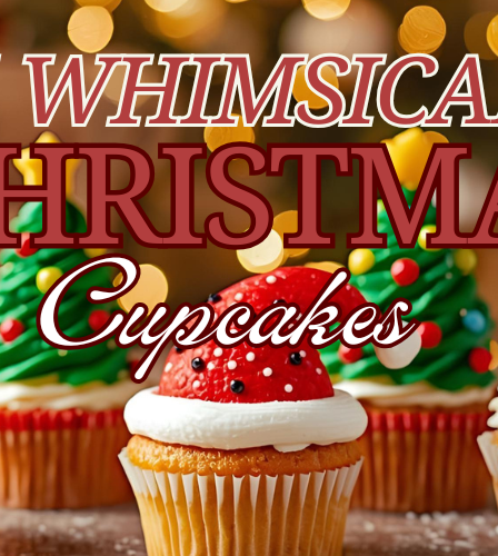 Whimsical Christmas cupcakes arranged on a festive holiday table, including a snowman cupcake, reindeer cupcake, Santa hat cupcake, Christmas tree cupcake, and gingerbread hug cupcake.