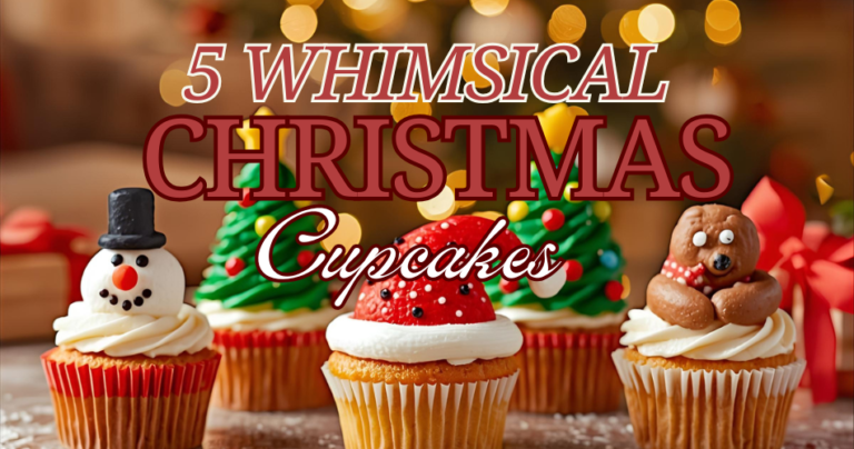 Whimsical Christmas cupcakes arranged on a festive holiday table, including a snowman cupcake, reindeer cupcake, Santa hat cupcake, Christmas tree cupcake, and gingerbread hug cupcake.