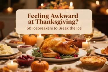 Elegant Thanksgiving dinner table with roasted turkey, autumn décor, and cozy candles, representing icebreakers for family gatherings.