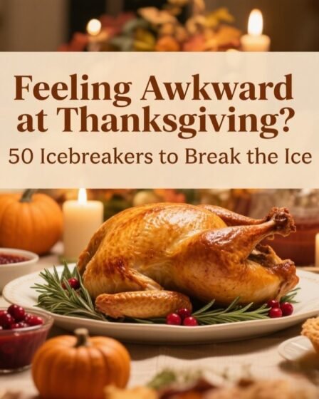 Elegant Thanksgiving dinner table with roasted turkey, autumn décor, and cozy candles, representing icebreakers for family gatherings.