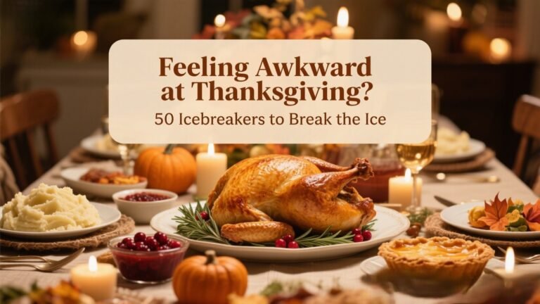 Elegant Thanksgiving dinner table with roasted turkey, autumn décor, and cozy candles, representing icebreakers for family gatherings.