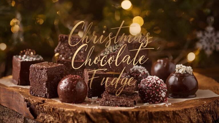 Christmas chocolate fudge squares and fudge balls with light festive sprinkles on a rustic holiday background