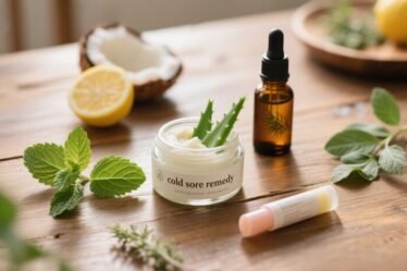Jar of natural cold sore remedy paste with aloe vera, honey, coconut oil, lemon balm, and tea tree oil arranged on a rustic wooden table.