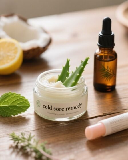 Jar of natural cold sore remedy paste with aloe vera, honey, coconut oil, lemon balm, and tea tree oil arranged on a rustic wooden table.