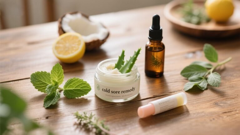 Jar of natural cold sore remedy paste with aloe vera, honey, coconut oil, lemon balm, and tea tree oil arranged on a rustic wooden table.