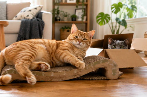 Orange tabby cat relaxing on a cardboard scratcher while a gray cat peeks from a box in a cozy living room