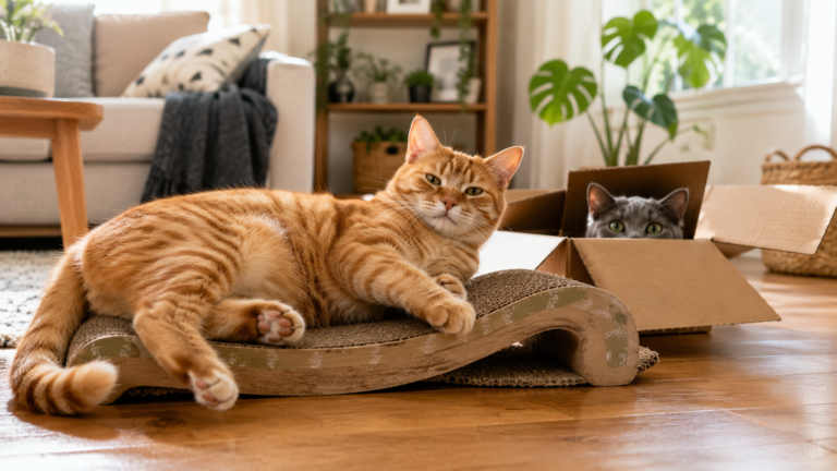 Orange tabby cat relaxing on a cardboard scratcher while a gray cat peeks from a box in a cozy living room
