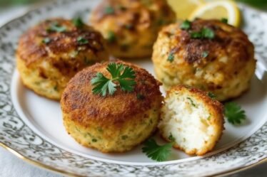 Golden baked jumbo crab bombs topped with melted butter and parsley served with lemon wedges on a white plate.
