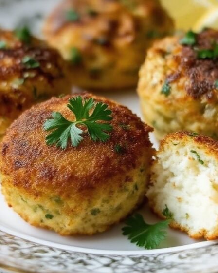 Golden baked jumbo crab bombs topped with melted butter and parsley served with lemon wedges on a white plate.