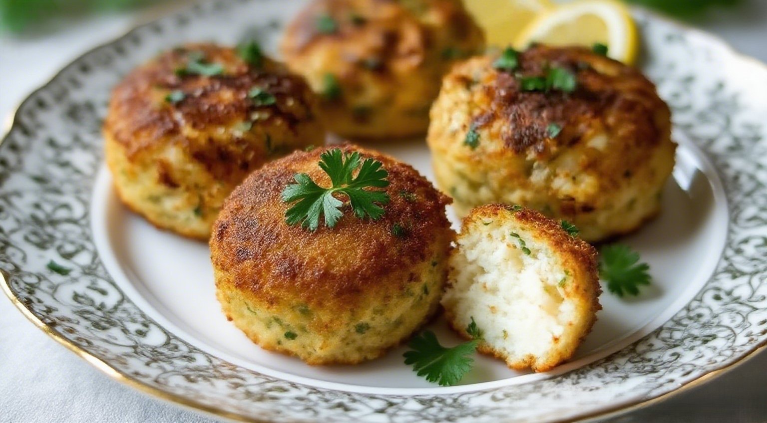 Golden baked jumbo crab bombs topped with melted butter and parsley served with lemon wedges on a white plate.